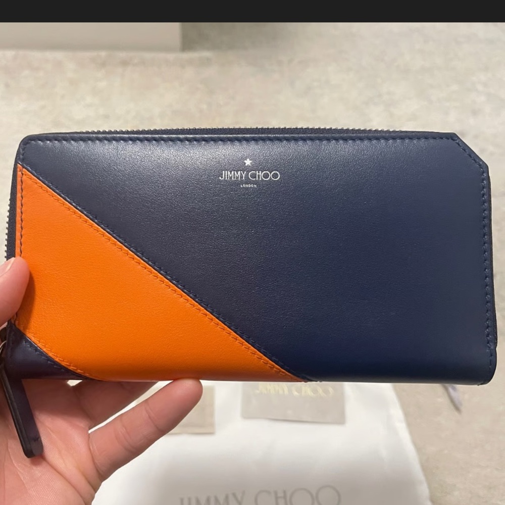 Jimmy Choo Abiko Zip-around Navy Blue/Orange Leather Continental Wallet